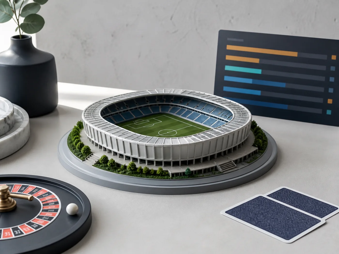 Miniatura de estádio ao lado de elementos de cassino